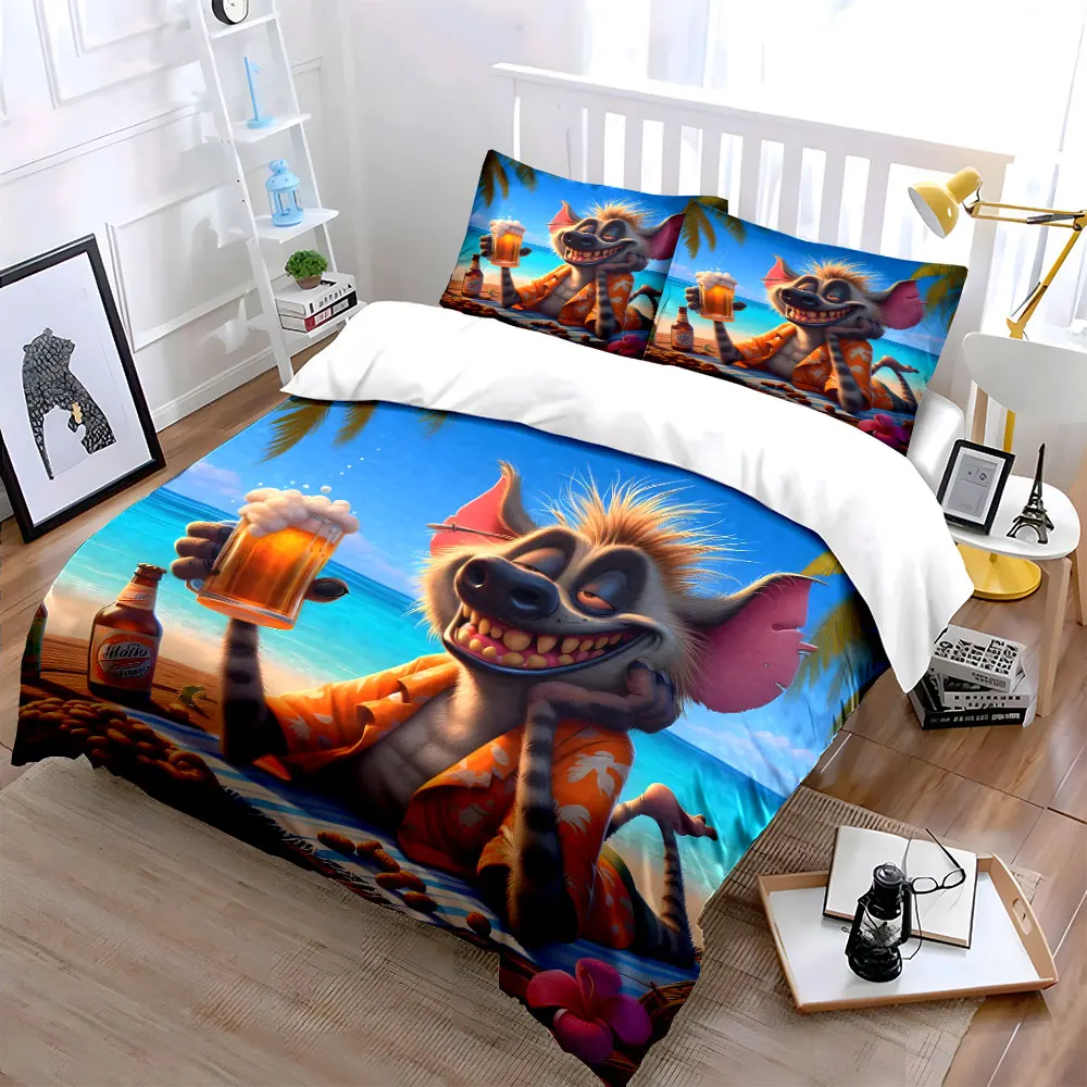 Relaxed hyena enjoying beer on beach Print Bedding Set 1 Duvet Cover 2 Pillowcases for Adult and Children Luxury Gift Full Size