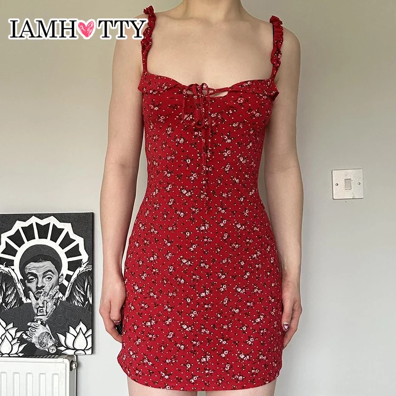 IAMHOTTY Boho Floral Print Sleeveless Mini Dress Red Fairycore A-line Sundress for Holiday Party Outfits Casual Y2K Robe