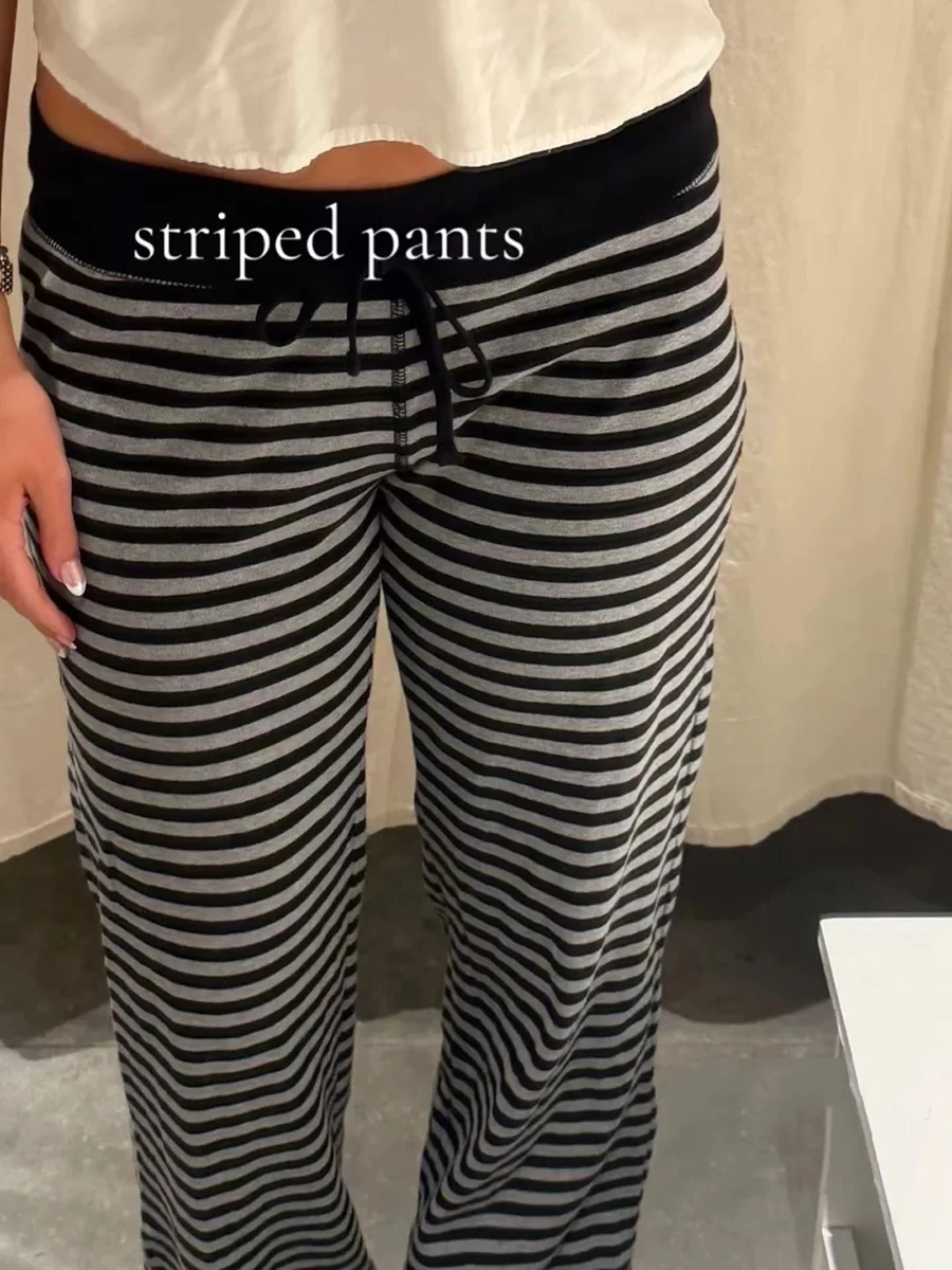 Striped Sweatpant Women Y2K Casual Streetwear Cotton High Waist Drawstring Wide Leg Pants Vintage Sweet Preppy Style Trousers