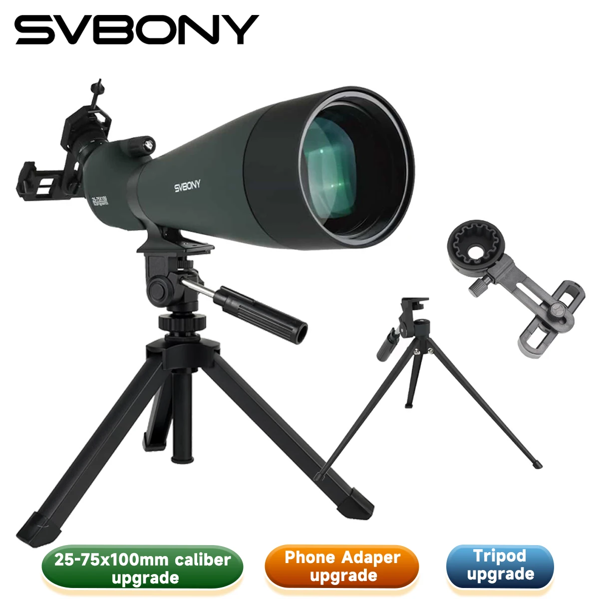 Svbony 25-75x100mm SV28A miras en ángulo con trípode y adaptador de teléfono telescopio FMC para observación de aves observación diaria