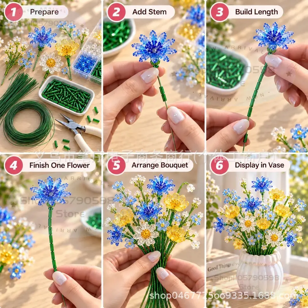 Kit para crear un ramo de flores silvestres con cuentas, un set de manualidades con flores de estilo cristal y cuentas, alambre flexible y maceta tipo bonsái para decorar el hogar.