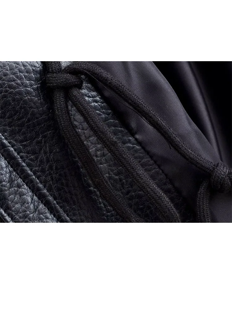 Damska kurtka z imitacji skóry, zapinana na zamek, z regulowanym pasem, casualowa, elegancka, ze stójką, kieszeniami i długimi rękawami.