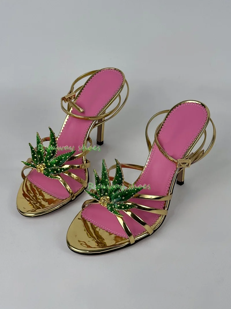 Green Leaf Rhinestones Decorate Metal gold Ankle Girdle Stilettos Sandals Luxurious Designer Party Dress Shoes Bestselling Model