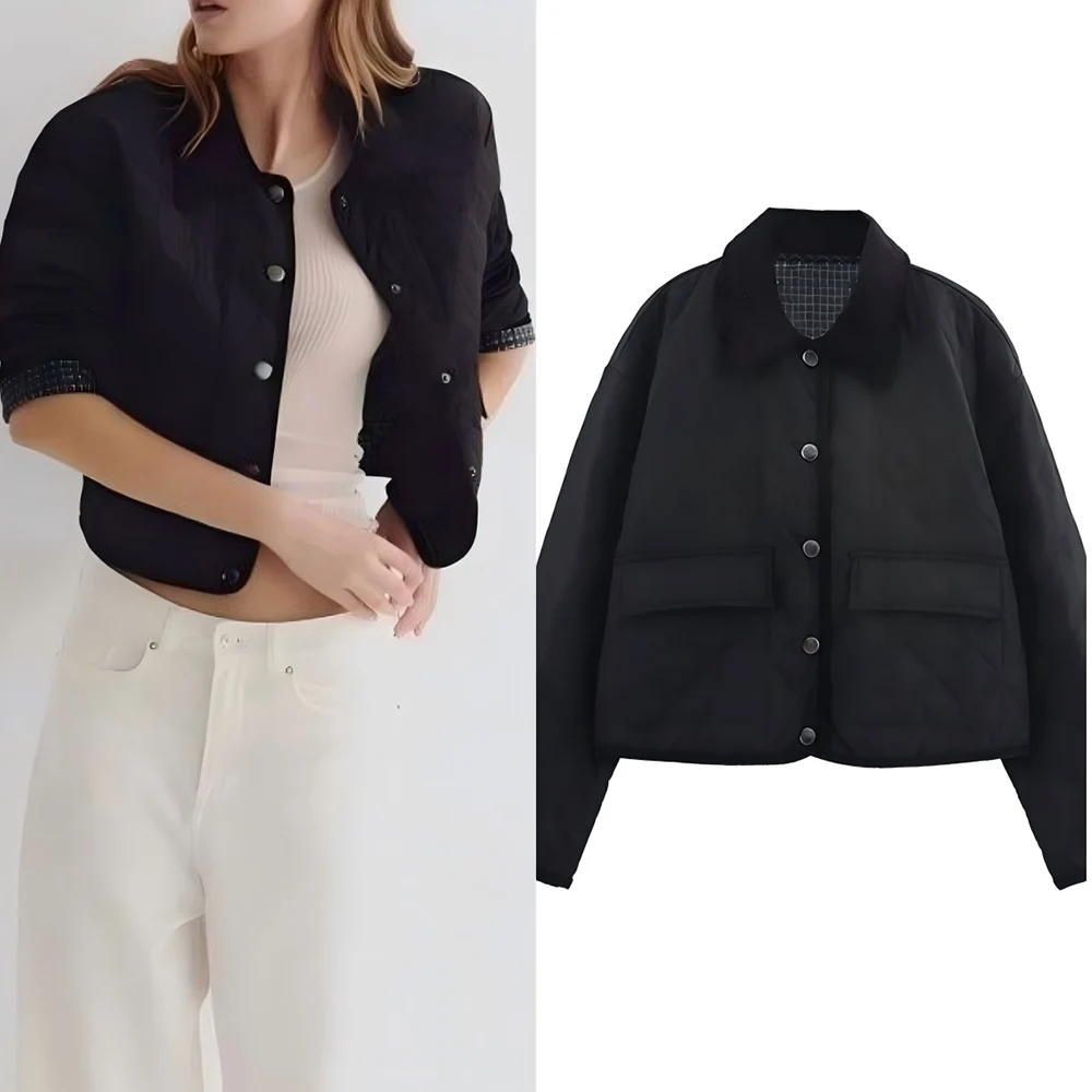 

Women's new fashion corduroy lapel design casual single breasted quilted jacket Coat retro long sleeved women's Coat chic top