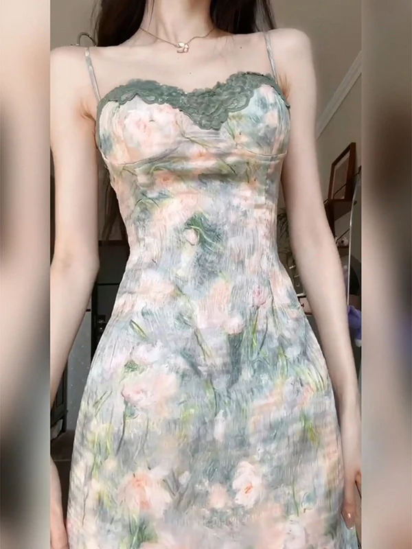 Retro Bloemenprint Strapl Lange Dr Dames Zomer 2025, Nieuwe Hoge Taille Afslankjurk Koreaanse Sle A-lijn Midi Dr