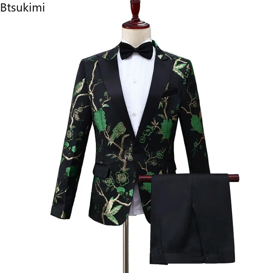 High-end Embroidered Suit Two Piece Sets for Men Woodpecker Jacquard Slim Suit Coats Pants Men's Party Dress Suit Stage Costumes