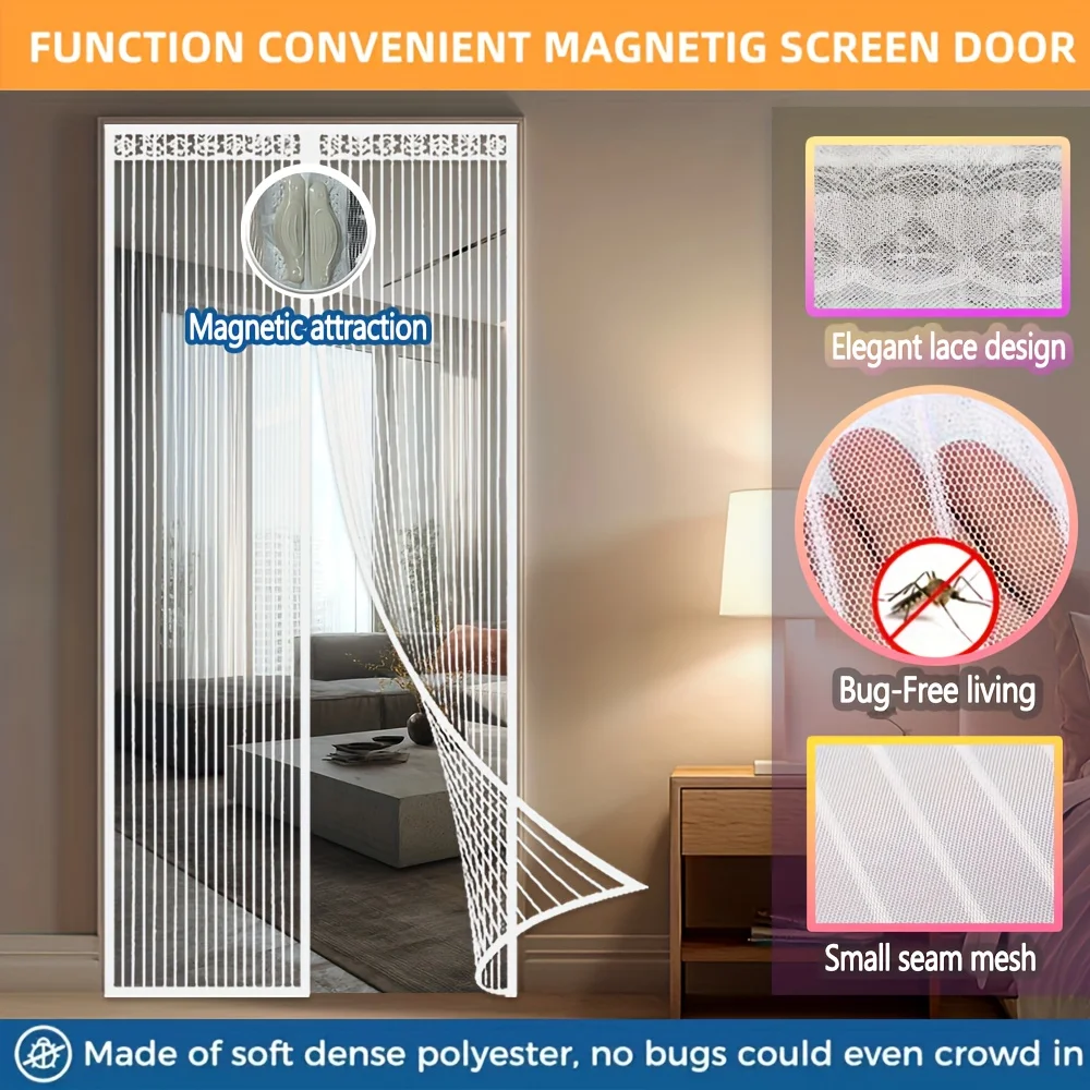 Magnetic Mesh Door Curtain - Auto-Closing, Durable Polyester, Keeps Bugs Out, Stylish Lace Design for Home, Yard, Bathroom