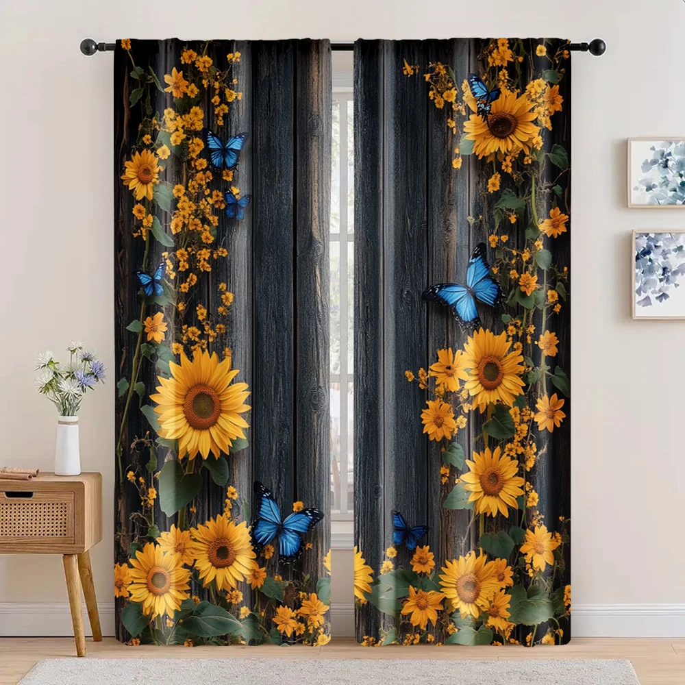 

2pc, Drapes Vintage Sunflower with Wood Grain Print Polyester,Without Electricity Birthday Party Suitable for bedroom and