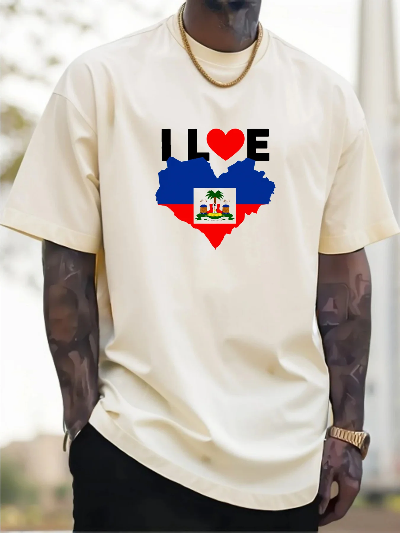 Camiseta masculina com estampa de bandeira de coração I Love Haiti, camiseta casual com design do orgulho haitiano, roupas confortáveis