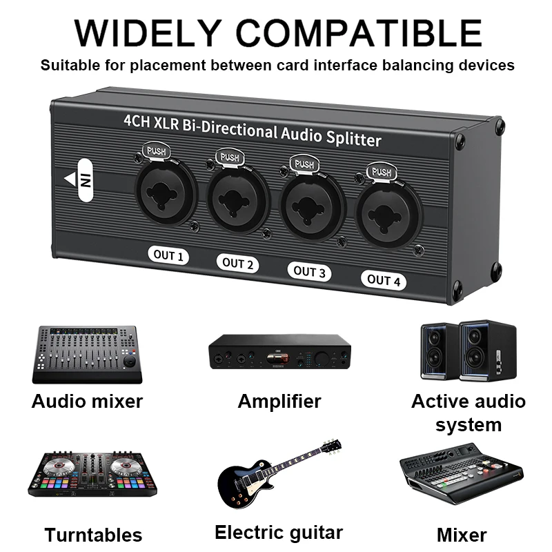 Passive 1 Input 4 Output XLR Audio Splitter Box 3 Pin Balanced Audio Signal Splitter No External Power Supply Needed