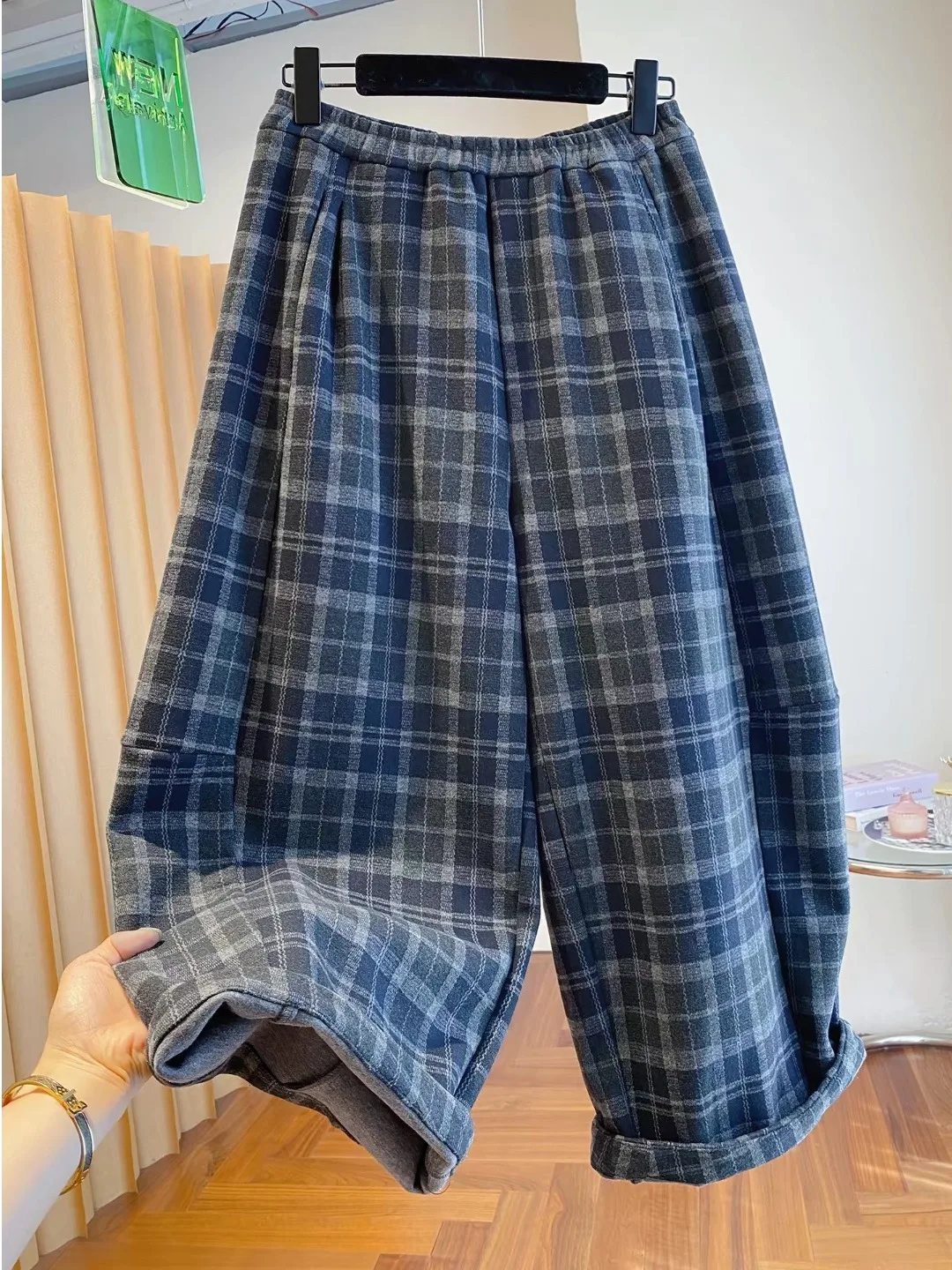 Authentic Korean Style Plaid Pants Women's Nine Points Loose Casual Wide Leg Pants Autumn Wear Comfortable Natural Waist