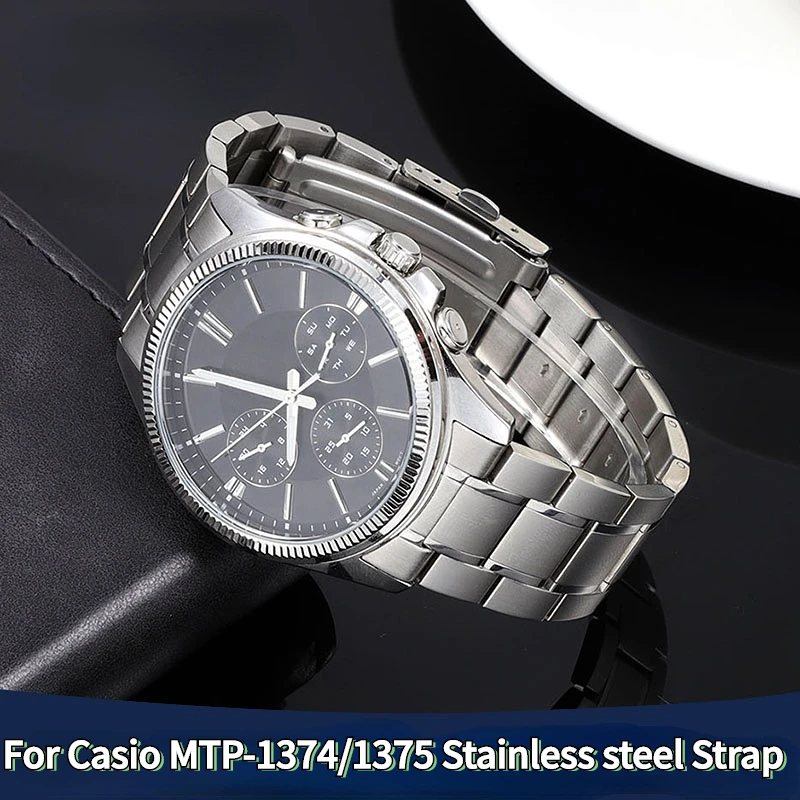 For Casio MDV106-1A Stainless Steel Curved End strap MTP-1374 MTP-1375 MDV-106 solid metal watchband chain 22mm Men\'s Wrist band