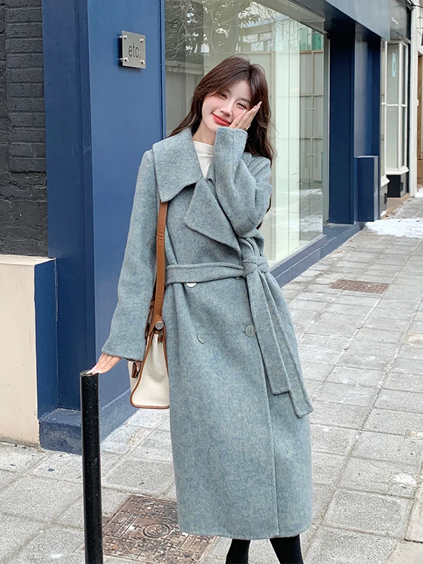 

Женское длинное двустороннее шерстяное пальто Ele выше колена, осенне-зимнее 2025, новое, с поясом, в корейском стиле, для повседневной носки