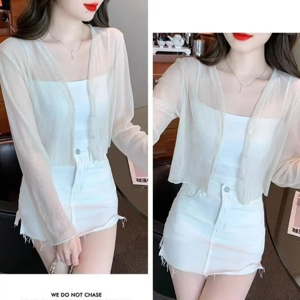 Fashion Thin Chiffon Cardigan Lightweight Long Sleeve Sun-Proof Tops Casual Ice Silk Outerwear Summer