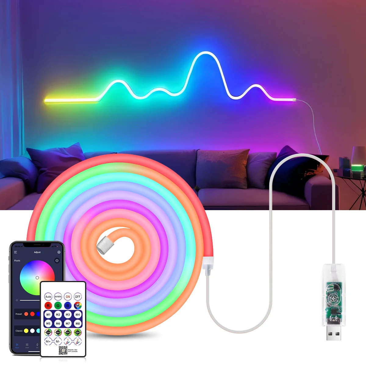 WS2812 USB RGB LED Neon Light Strip, RGBIC 5V Silicone Bluetooth Rope with Remote, APP Music Sync Waterproof TV Backlight Decor