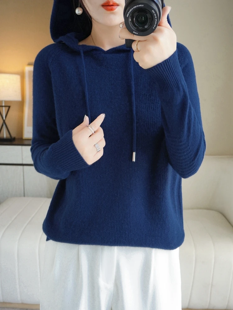 

Merino Wool Women's Hooded Sweater For Autumn Winter Casual Fashion Soft Knitted Cashmere Hooded Sweater