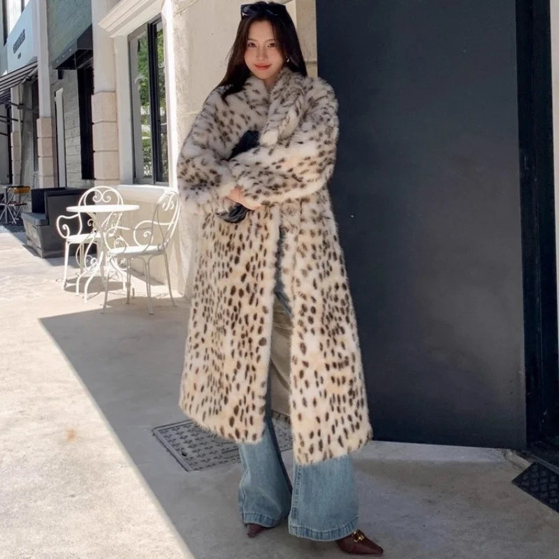 Women Leopard Print Long Coats Faux Fur Coat Lady Loose Turn Down Collar Thick Warm Full Sleeve Furry Winter Fashion Coat