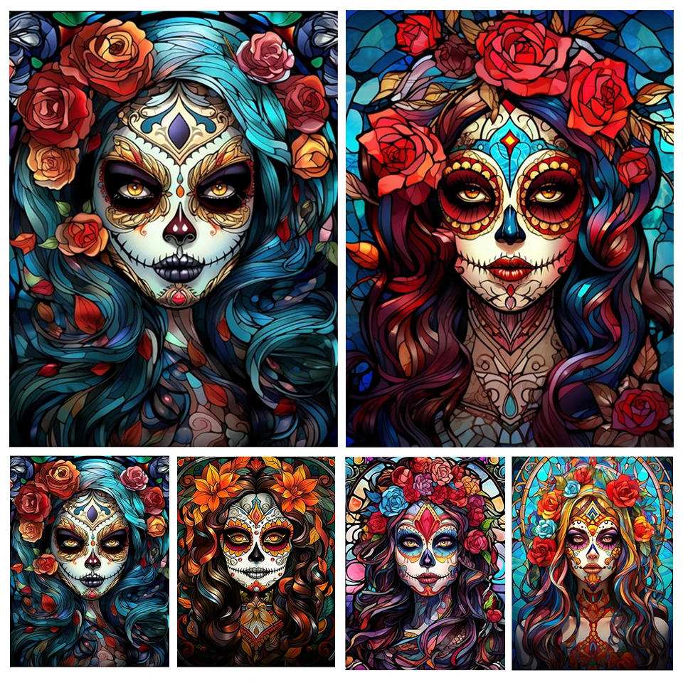 

5D DIY Diamond Painting Rose Skeleton Face Woman Mosaic Girl Diamond Embroidery Art Mosaic Home Decoration Handmade Gift