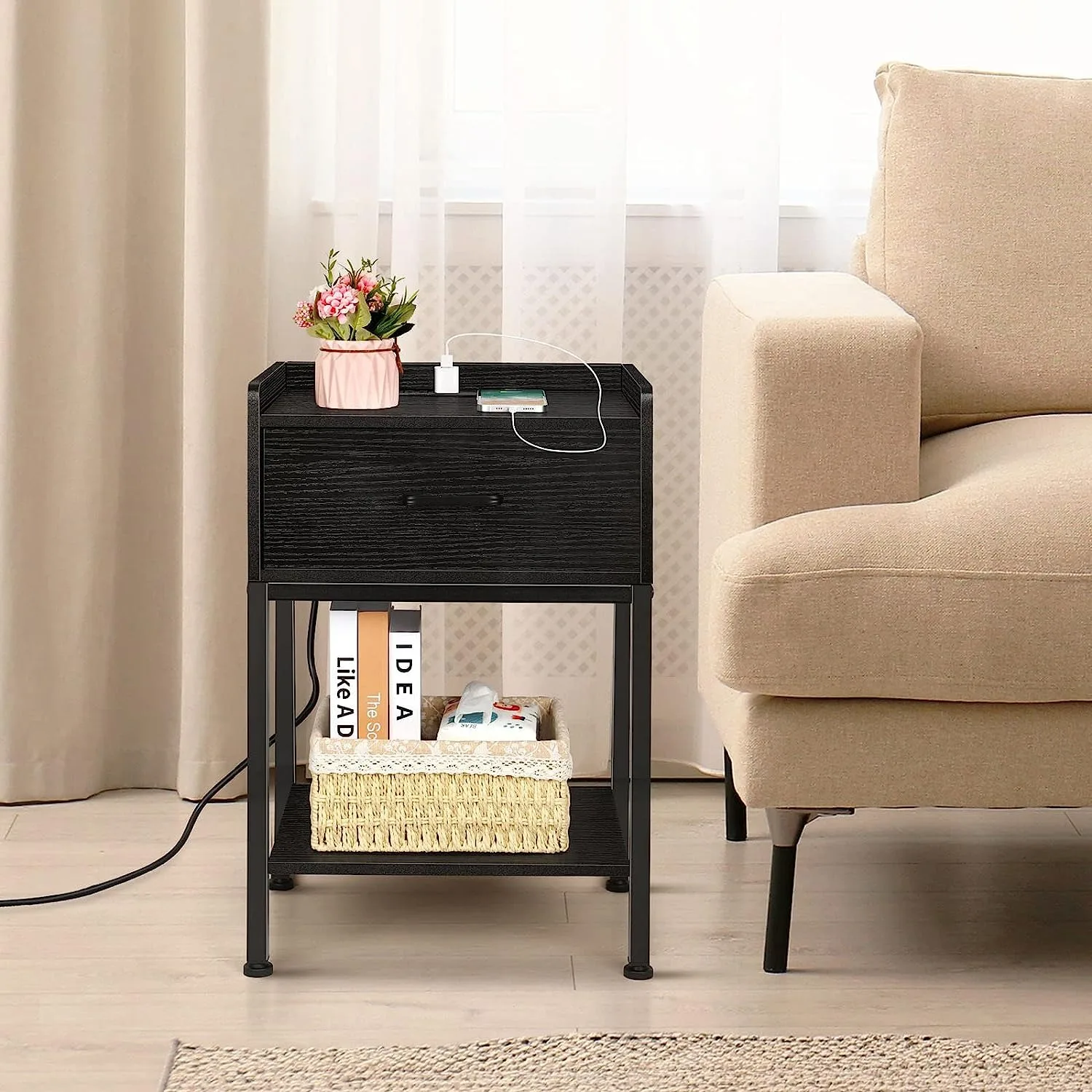 Bedside table with charging station, 2-story side table with drawers and storage rack, easy to assemble