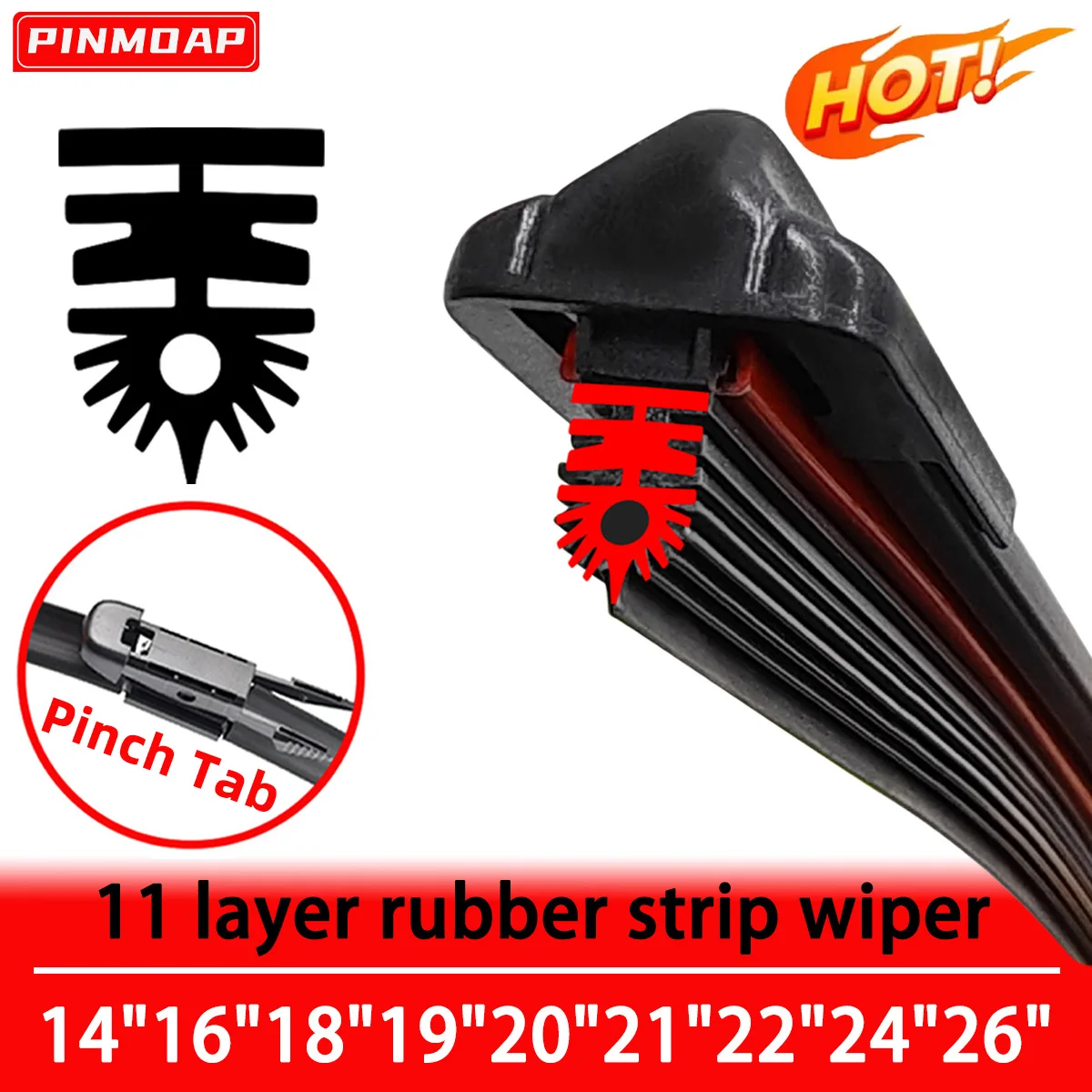 PINMOAP Car Wiper With 11 Layers Of Natural Rubber Strip Design Suitable For Pinch-Tab 14