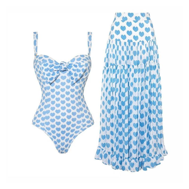2025 New Flaxmaker Swimsuit Set Women Bowknot Heart Print One Piece Swimsuit Summer Beach Vacation Bathing Suit Monokini