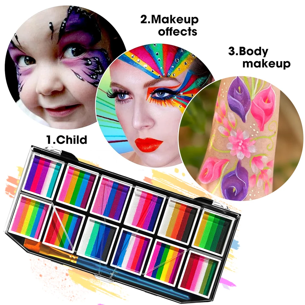 12 rejillas de color cara cuerpo arcoíris pintura facial a base de agua pintura corporal colorida Navidad Halloween paleta de maquillaje para niños adultos