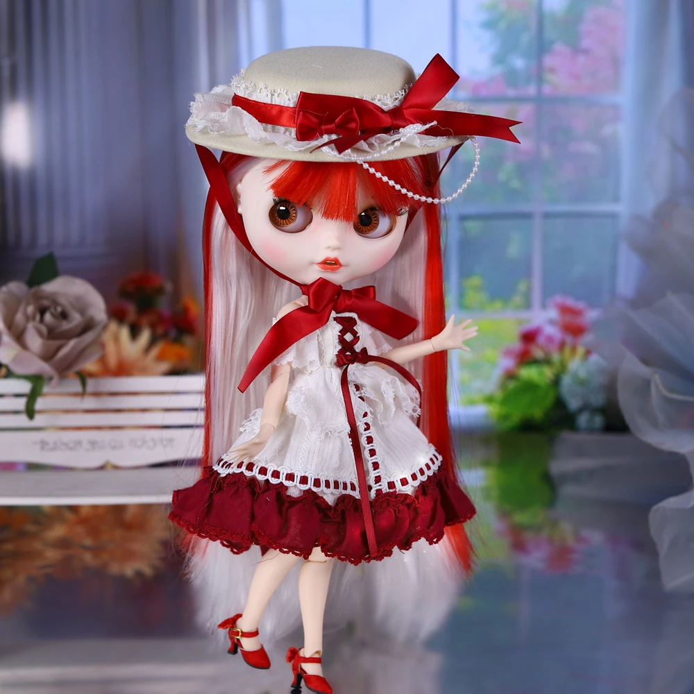 DBS-ICY DBS Blyth 1/6 BJD30cm white skin red and white hair color open mouth doll, suitable for gifting and decoration