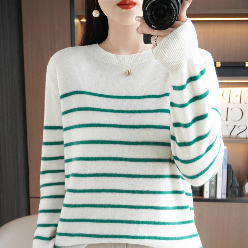 Spring And Autumn Striped Sweater Women\'s New Loose Crew-Neck Pullover Long Sleeve With Bottom Wool Sweater2024