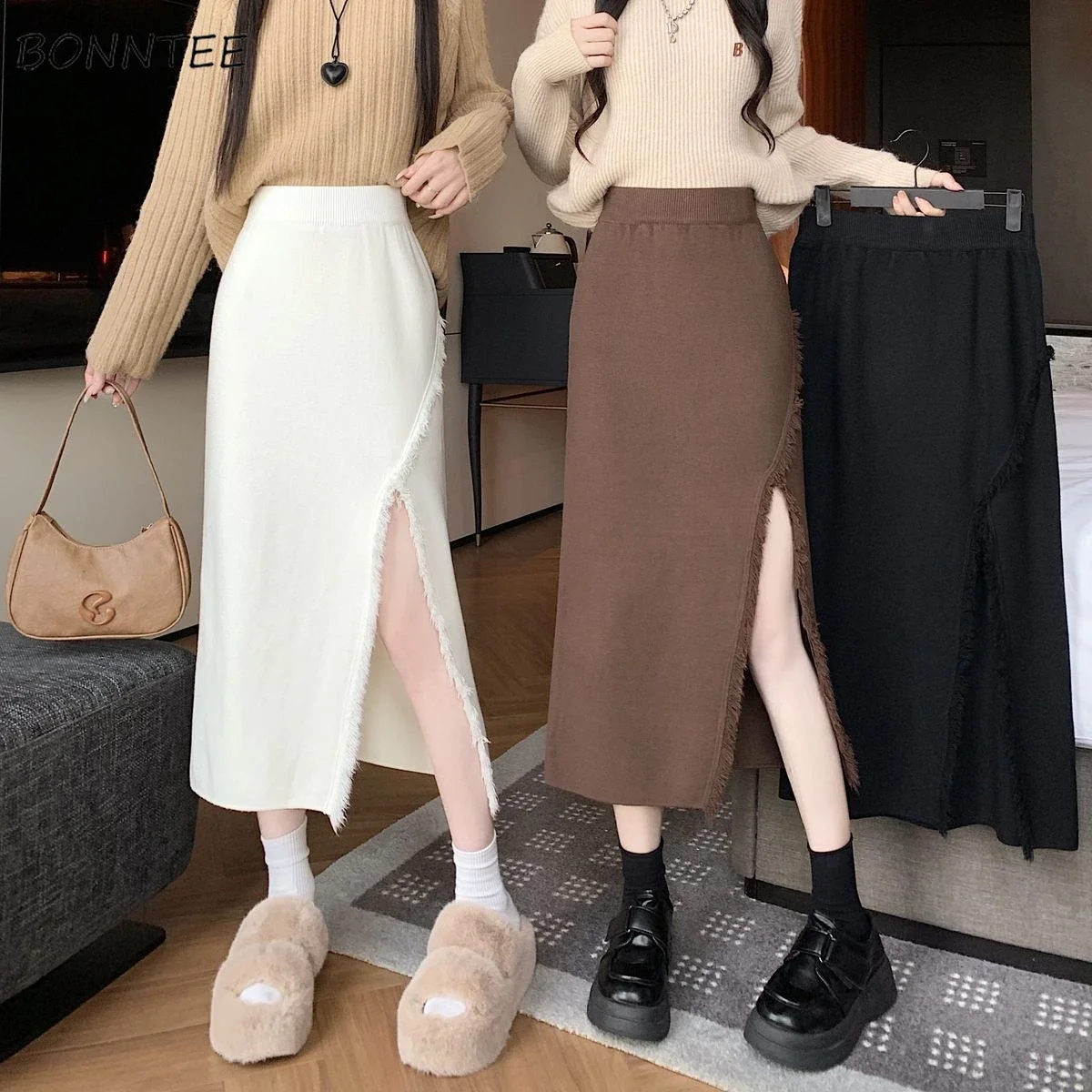 

Midi Skirts Women Tassel Autumn All-match Side Slit Knitted Fashion High Waist A-line Faldas Age-reducing Temper Tender Daily