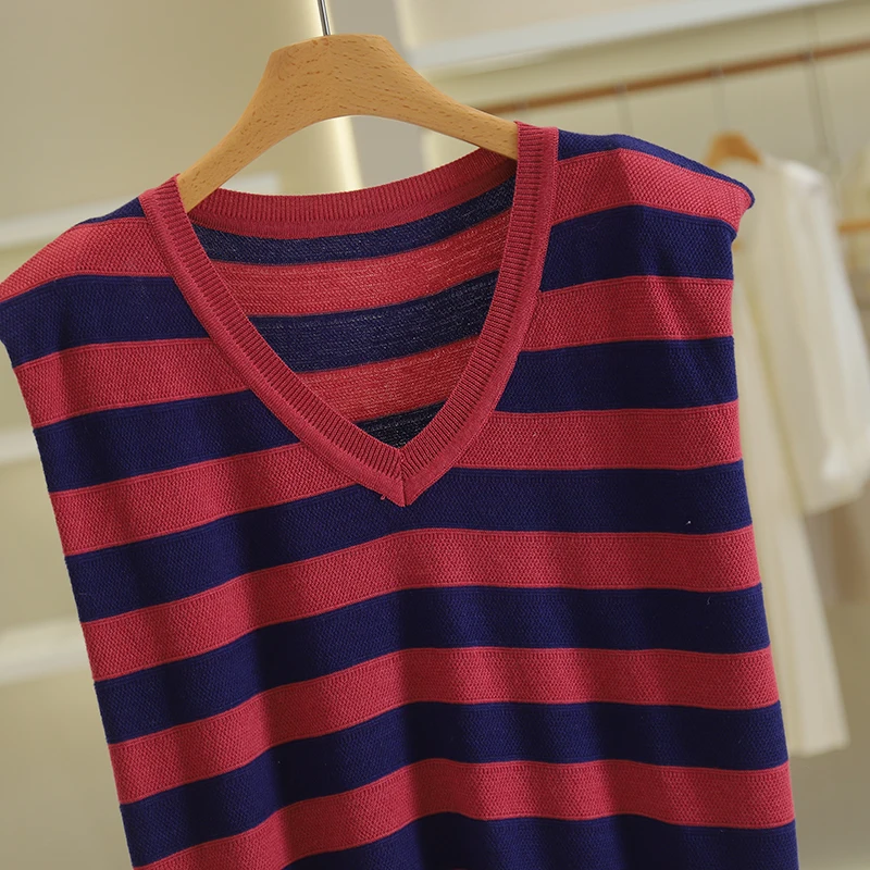 다용도 스트라이프 브이넥 니트 조끼 브랜드 25 가을 상의 편안한 스트레이트 컷 폴리에스터 섬유 후드 단품