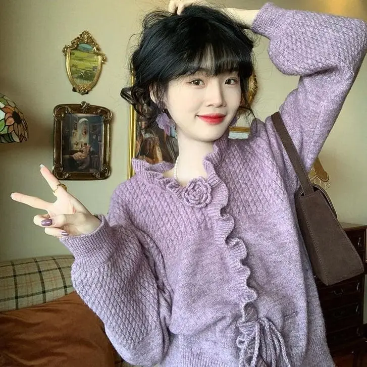 Purple Patchwork Waist Design Knitted Sweater Women Early Autumn New French Retro Temperament Celebrity Gentle Style