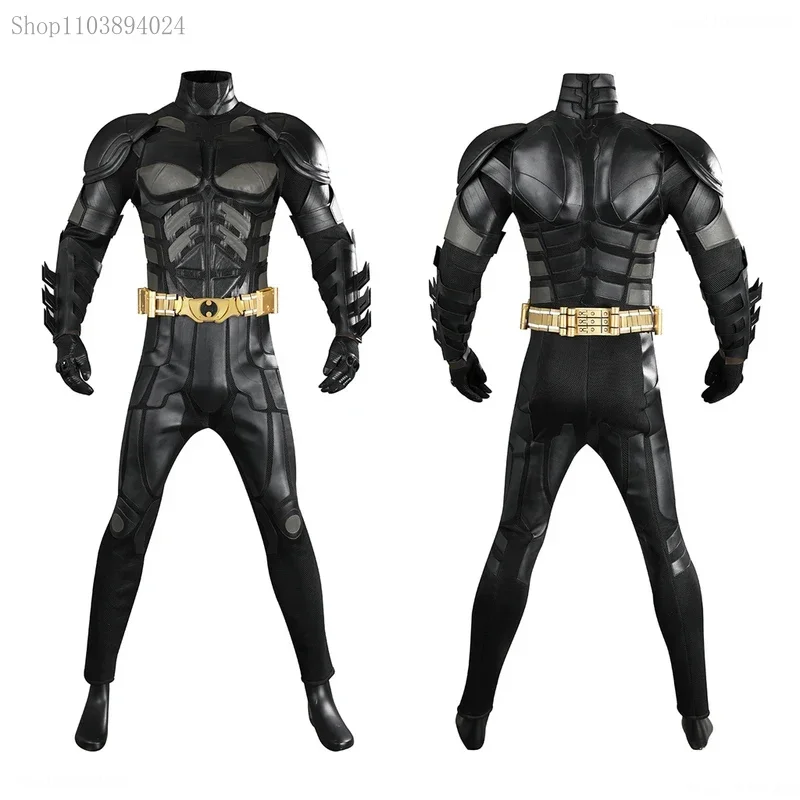 

Cosliy Hero Armor Outfit Christian Bale Bruce Cosplay Costume Black Leather Jumpsuit Boots With Cowl Male Superhero Halloween Su