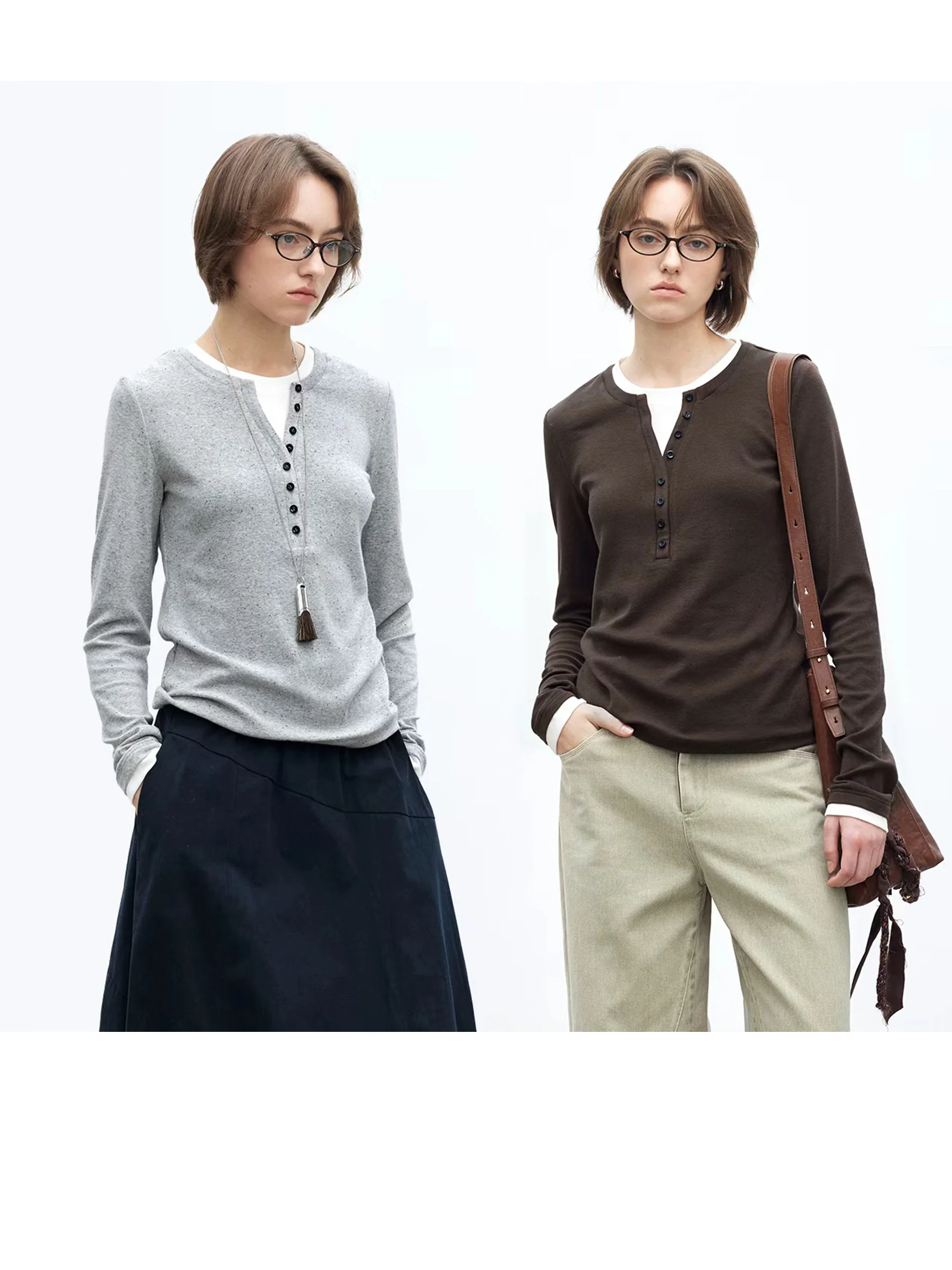 

Женская футболка DotDrobe с длинным рукавом, имитация двухслойности, воротник хенли, эластичная, осенне-зимняя, для многослойных образов, два цвета, повседневная