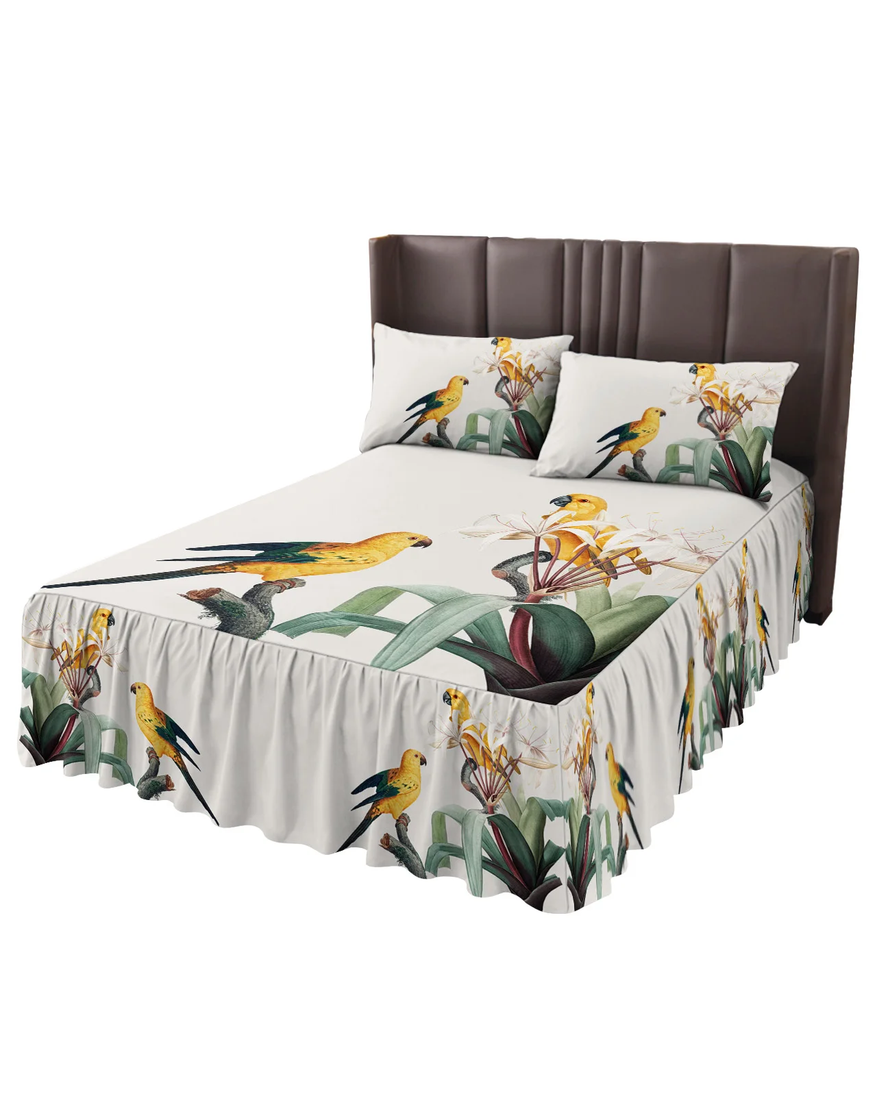 Retro Flower Bird Parrot Bed Skirt Elastic Fitted Bedspread With Pillowcases Bed Protector Mattress Cover Bedding Set Bed Sheet