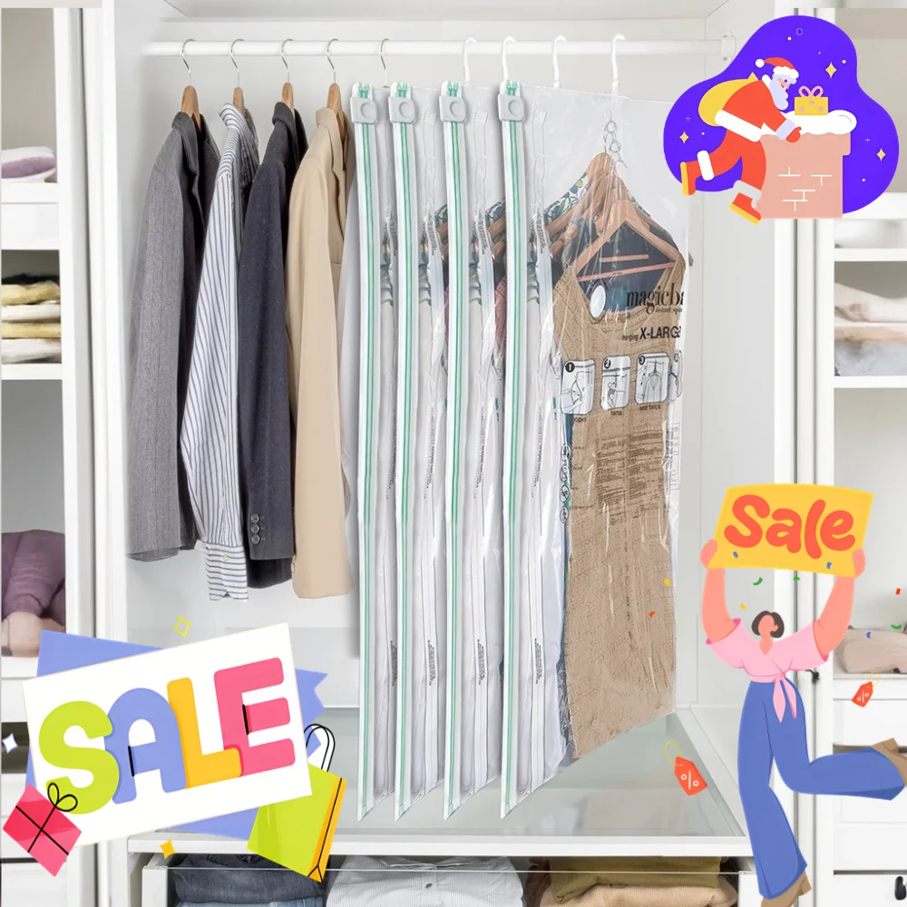 

Сжатая сумка для хранения одежды, подвесная большая сумка для хранения платьев, всего 2 сумки, двойная молния, герметичный обратный клапан