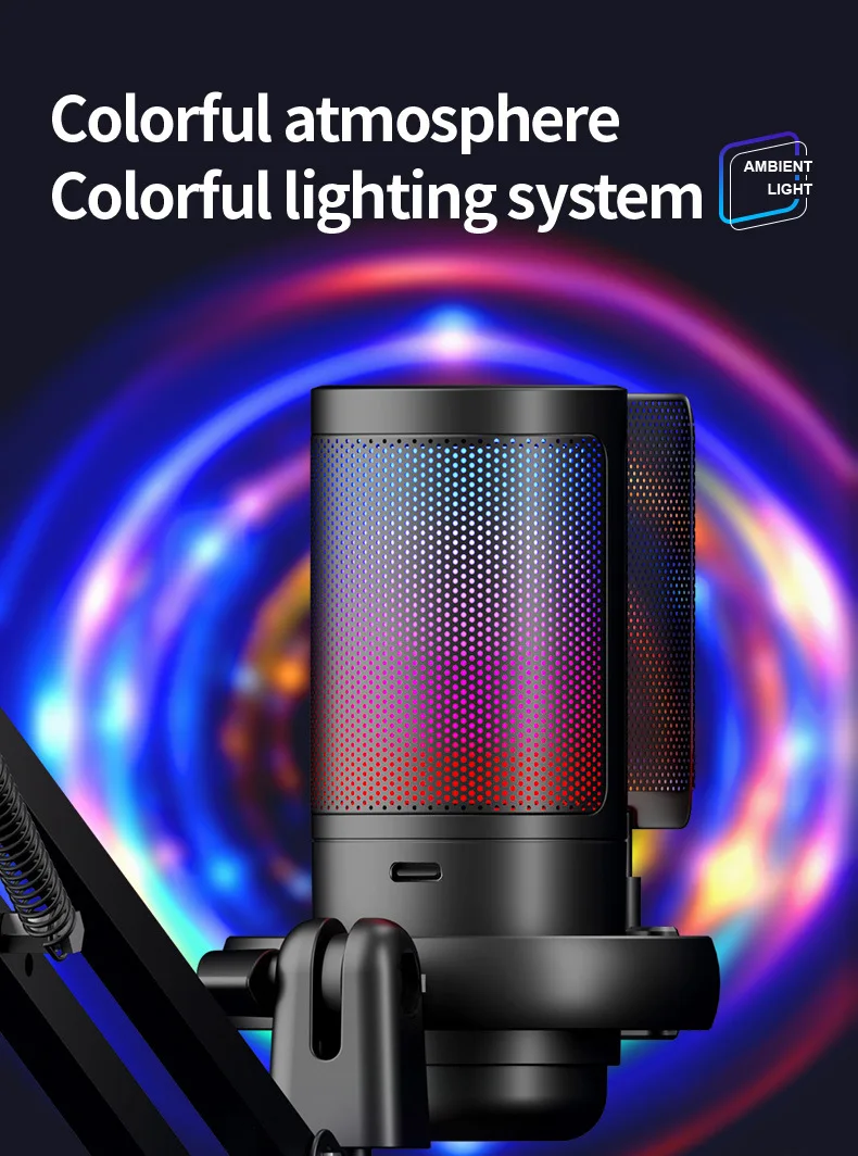 ميكروفون مكثف USB RGB Esports لعبة تسجيل المكالمات مكثف ميكروفون مع حامل معدني لسطح المكتب لتسجيل الاستوديو