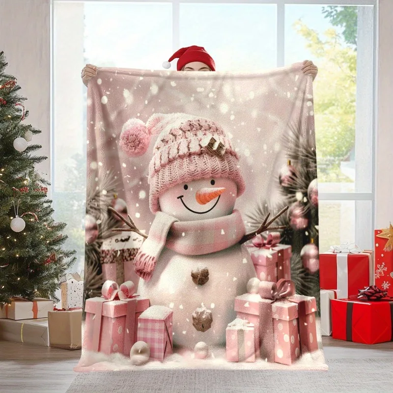 Rosafarbener Schneemann im Glamour-Stil mit Weihnachtsgeschenken-Druck, Flanell-Überwurfdecke – alle Jahreszeiten, gemischte Farben, gestricktes Polyester, vielseitig einsetzbar