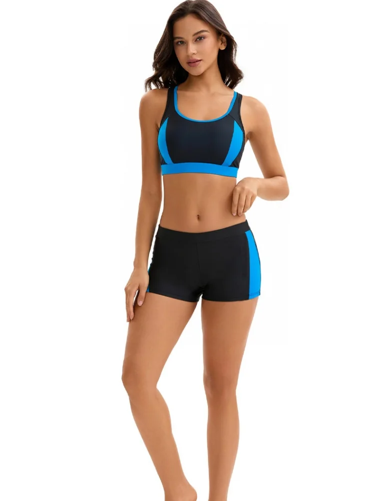 Women Two Piece Athletic Bikini Swimsuit U Neck Wide Shoulder Strap Color Block High Waist  Bathing Suit for Swimming Beach