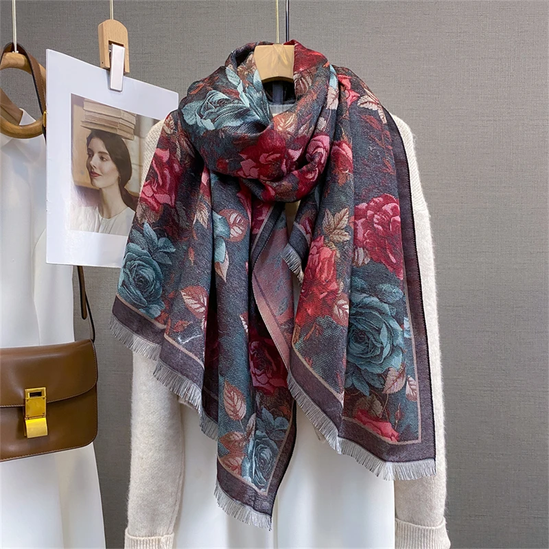

70*185cm Luxury Red Rose Scarf Women Winter Warm Soft Shawls Faux Cashmere Designer Thick Floral Wrap Poncho Pashmina Blanket