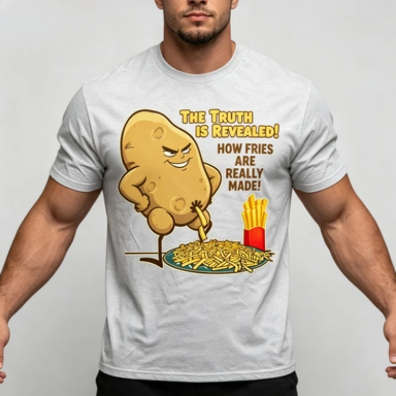 Soft Cotton Men T-shirt Funny Potato Makes Fries Cartoon Art With Funny Text O-neck  Food Meme Basic Cotton Daily Wear Tops