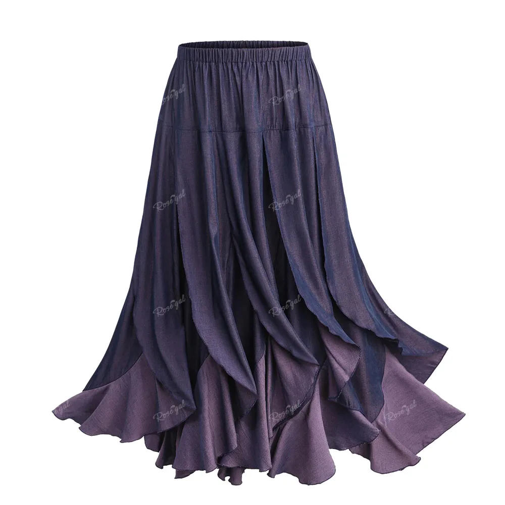 ROSEGAL Women's Skirts Purple Plus Size Lettuce Panel Casual Midi Bottoms Spring Summer Streetwear Ruffles Skirt