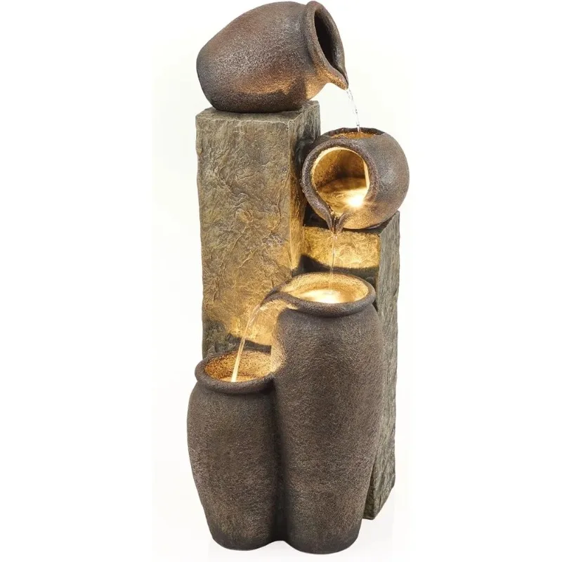 Tall Indoor Outdoor Pottery Fountain with LED Lights Water Feature for Garden Patio Home Decor Brown