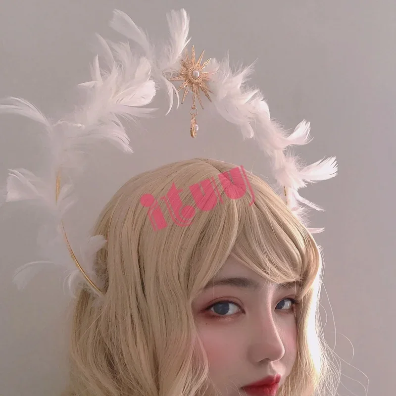 اليدوية هالة تاج خوذة لوليتا آلهة KC القوطية الأبيض الملاك ريشة أجنحة هالة كريستال عقال للرأس على شكل تاج إكسسوارات الشعر