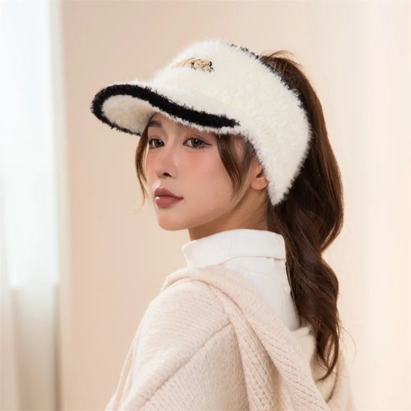 HEZIOWYUN Women's Ponytail Hat with Ear Flaps Fuzzy Letter Embroidery Fleece Visor Brim Beanie Caps Warm Hat for Winter Fall