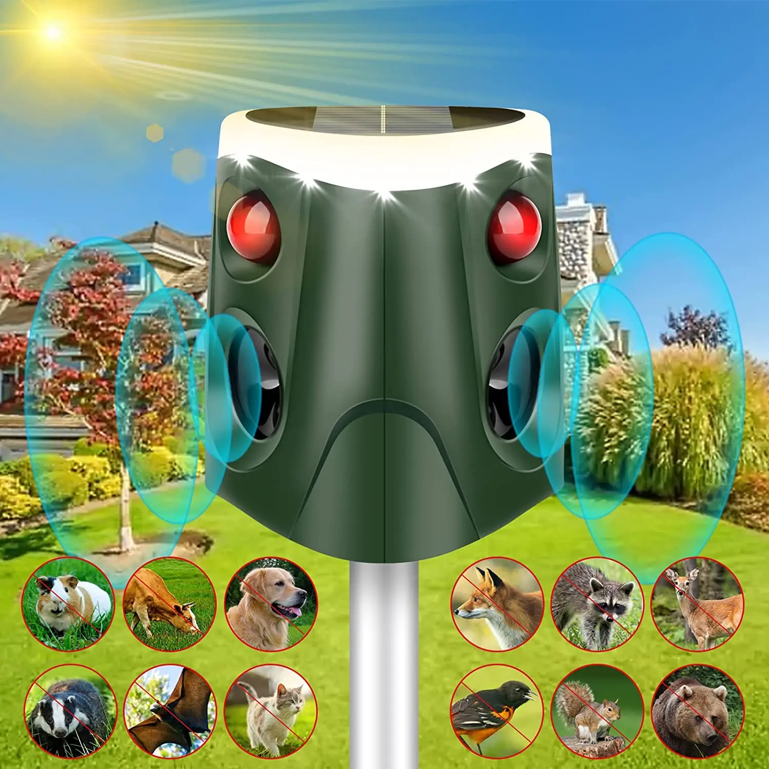 Aggiorna il sensore PIR Sonoro di allarme led ad ultrasuoni Repellente solare per uccelli e animali con 360 gradi Spaventa all'aperto Gatto Cane Talpa Uccello