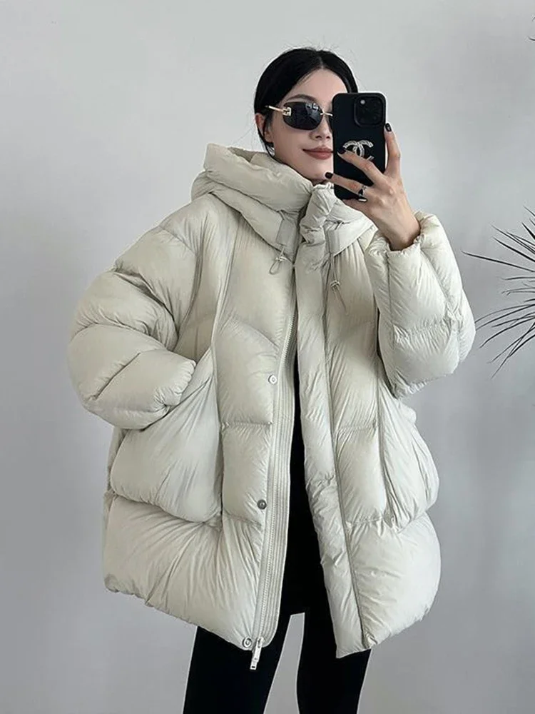 

Medium-length Loose Solid Thick Hooded Overcoat Winter White Duck Down Jacket With Hooded Puffer Jacket Female Thickened Women