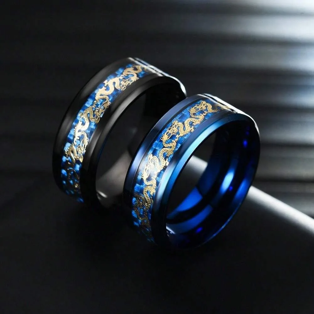 Fashion 8mm Men Stainless Steel Dragon Ring Vintage Punk Chinese Dragon Pattern Carbon Fiber Rings For Men Wedding Party Jewelry view 4