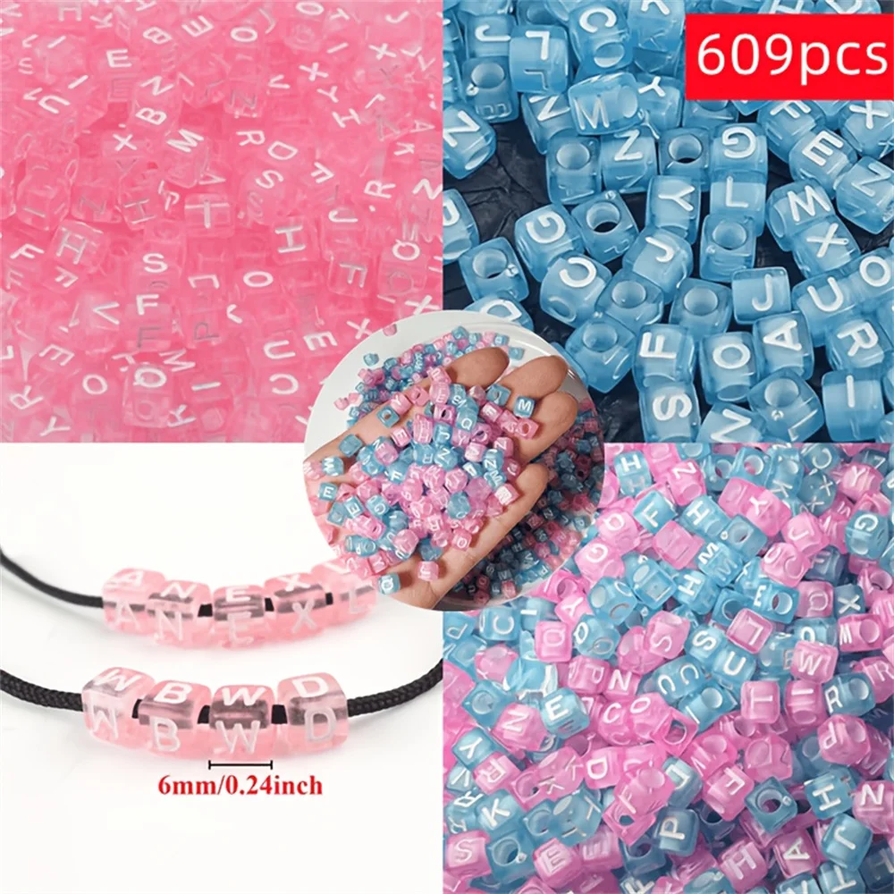609pcs 6 * 6mm Acrylic Square Letter Beads Spacer Beads Transparent Blue Pink Random Letter Beads DIY Bracelet