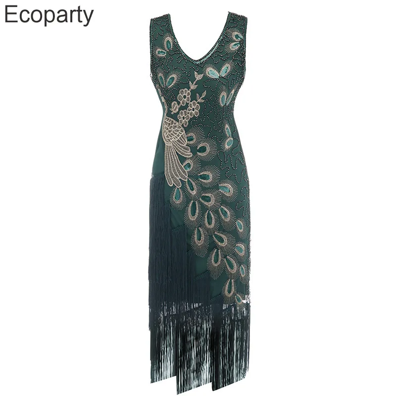 1920 Retro Style Sequin Studded Dress 20s Great Gatsby Cocktail Party Peacock Tassel Dress