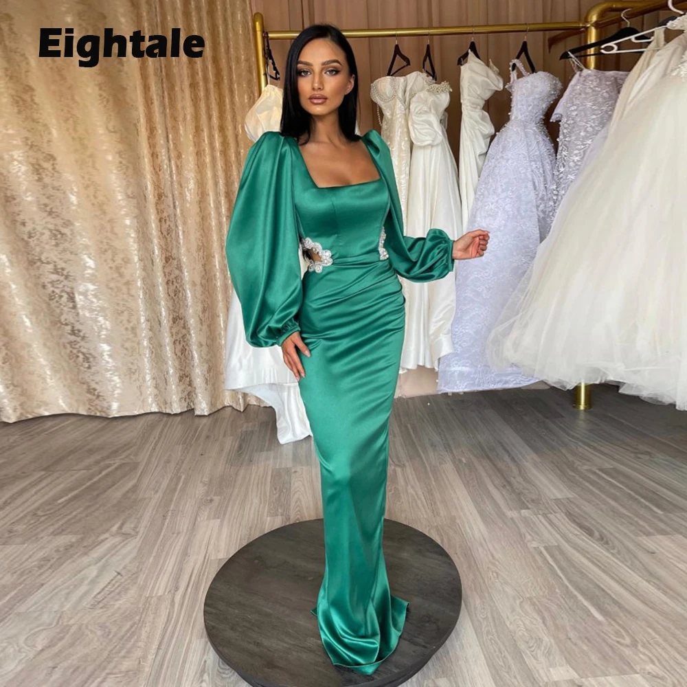 

Eightale Green Prom Dresses for Wedding Satin Beaded Long Sleeves Arabic Evening Gown Mermaid Party Dress robes de soirée